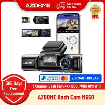 AZDOME 내장 GPS 와이파이 자동차 대시 카메라, M550, 4K + 1080P, 전면 내부, 후면 3 웨이, IR, 나이트 비전, 자동차 DVR 지지대, 후면 캠 