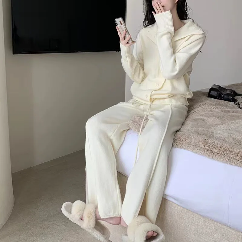 Autumn Winter Knitted Cardigan Women Loose Sweater Slit Knit Trousers Two Piece Set Office Lady Wide Leg Pants Lace Up E12293
