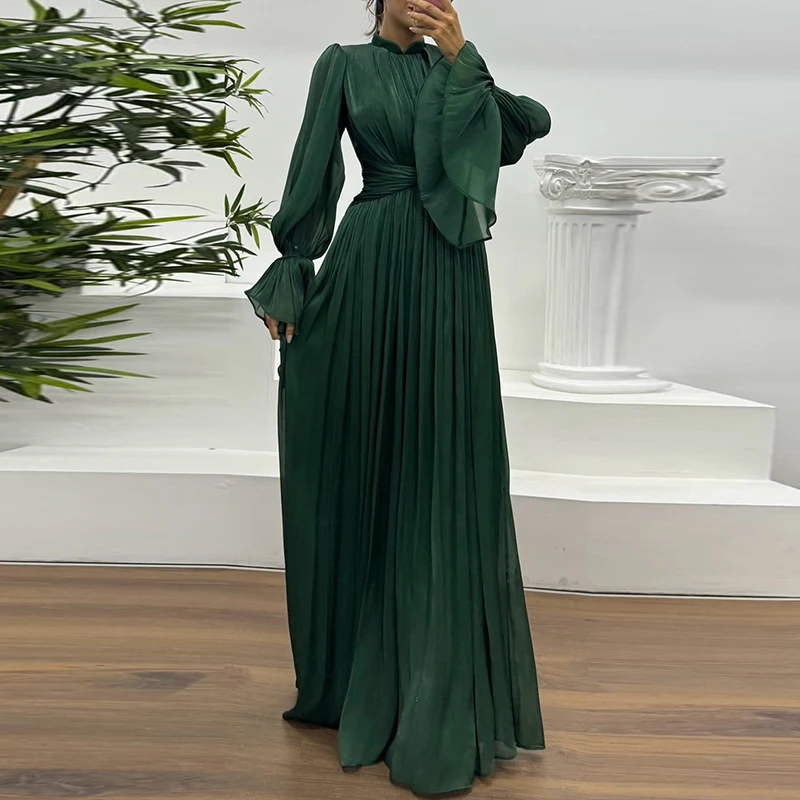 ชุดเดรสออกงานผู้หญิงสีพื้นสไตล์ฝรั่งเศส โรแมนติก ใหม่ล่าสุดสำหรับฤดูใบไม้ร่วง คอตั้ง เอวสูง ทรงโรบ แขนบาน จับจีบ ชุดราตรี