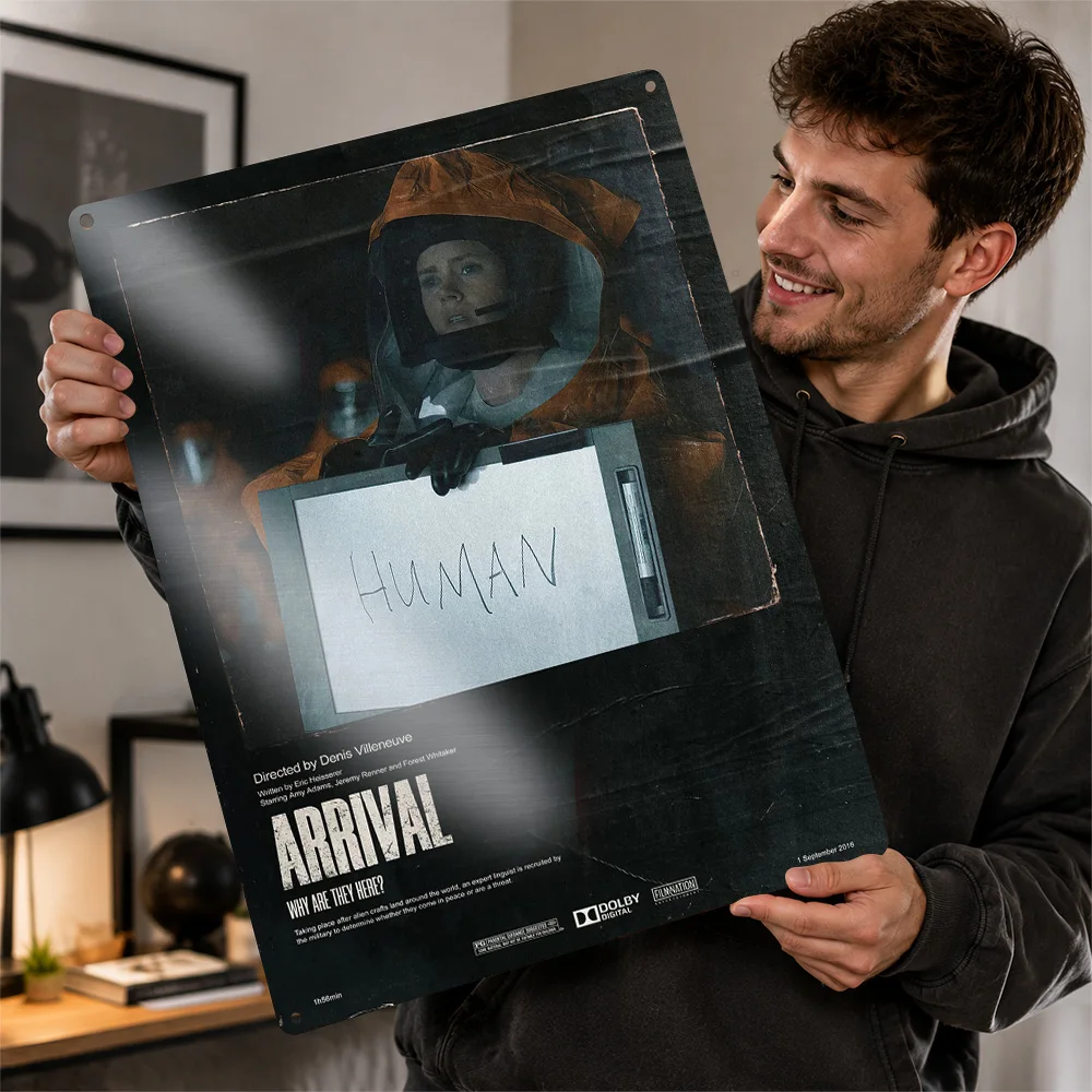 Arrival Human Message Scene Textured Poster Personalized Metal Tin Sign Striking Space Adventure Wall Art Ideal For Game Rooms