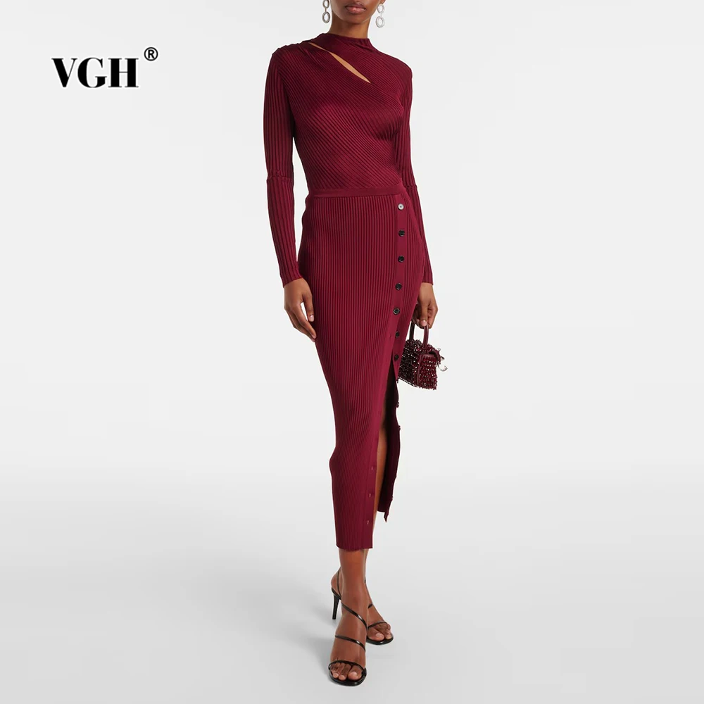 

VGH Solid Spliced Cutout Knitting Midi Dresses for Women Round Neck Long Sleeve High Waist Slimming Temperament Dress Female New