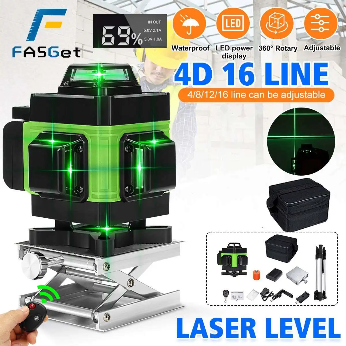 16 Line 360 Horizontal Vertical Cross 4D Green Light Laser Level Auto Self-Leveling Super Powerful Laser Beam Laser Levels