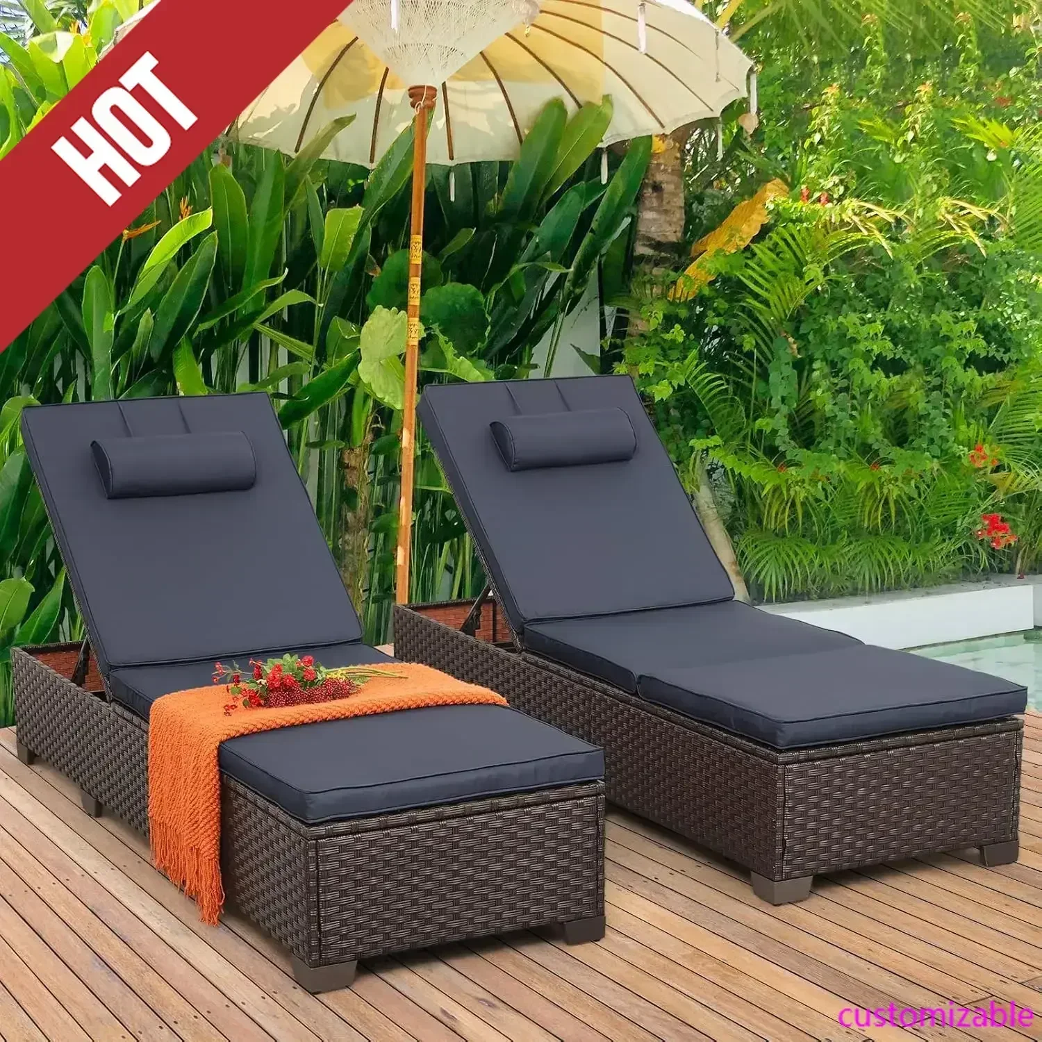 

Набор из 2-х коричневых плетеных шезлонгов для улицы 2025 года, регулируемые по нескольким углам наклона спинки, для патио и бассейна