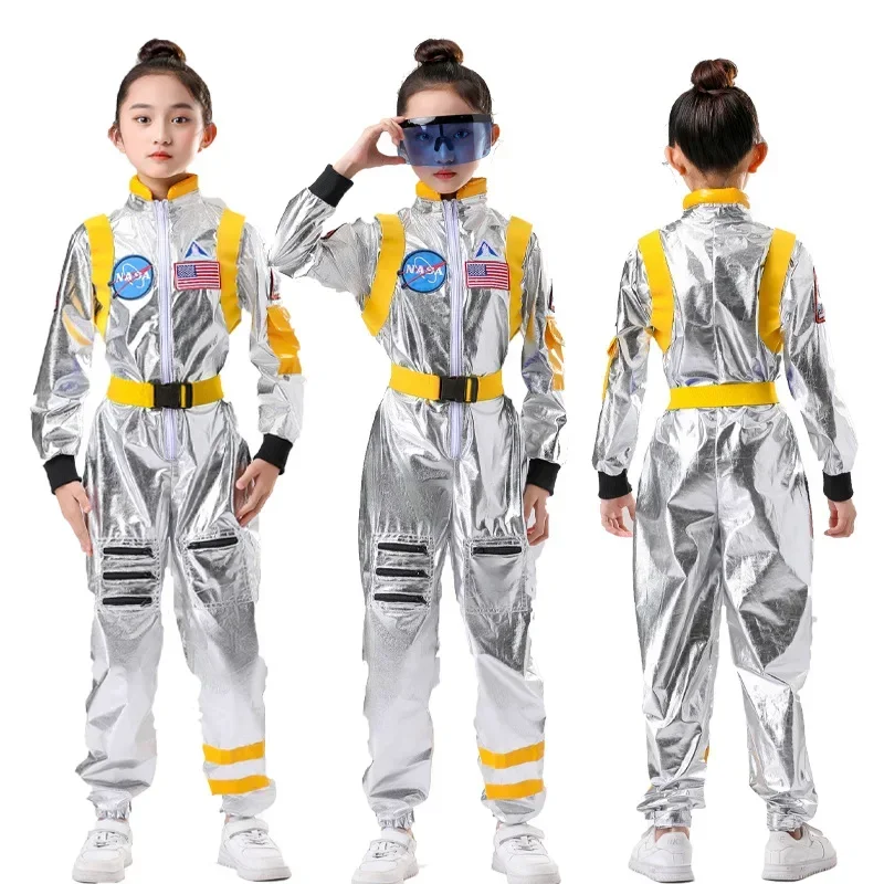 Kids Children Astronaut Costume Silver Spaceman Suit Boys Girls Space Jumpsuit Halloween Cosplay Party Dress Up