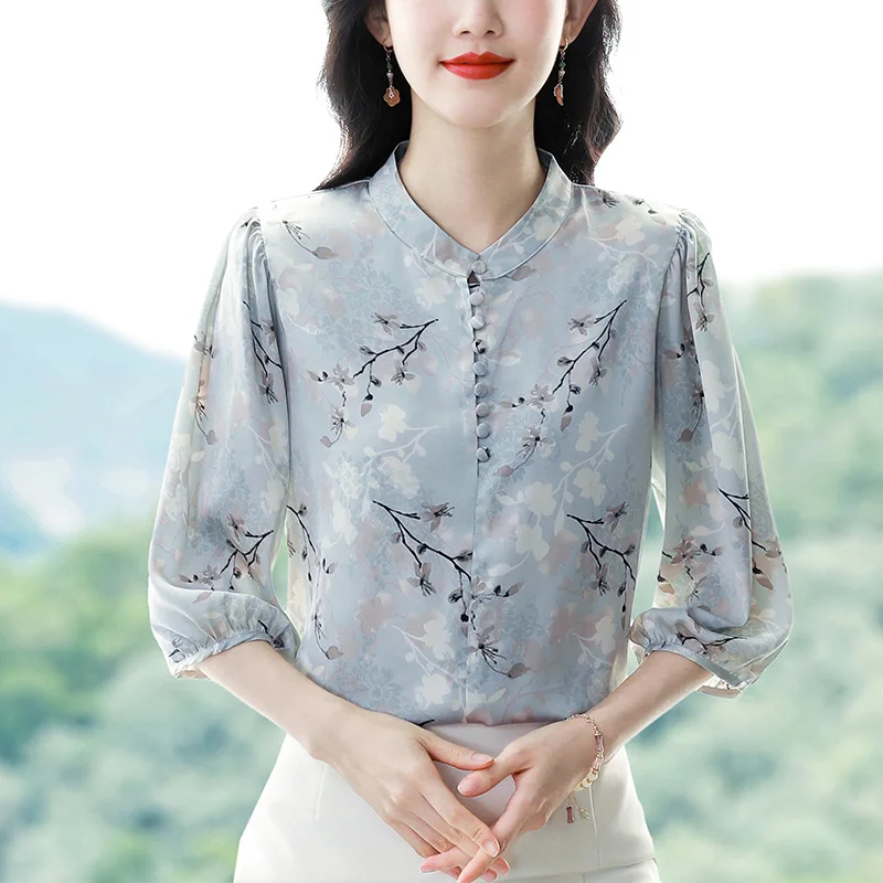 2025 Spring Summer Women Shirt New Fashion Silk Chiffon Blouse Stand Collar 3/4 Sleeve Casual Floral Printed Tops