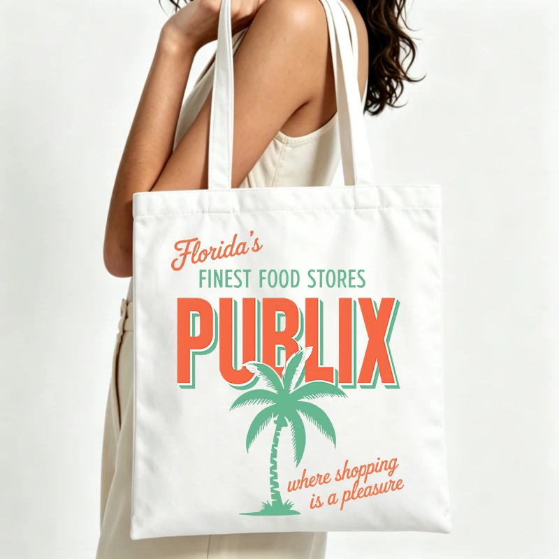 

palm tree and slogan-style graphic canvas tote bag, retro design for summer shopping and casual outings