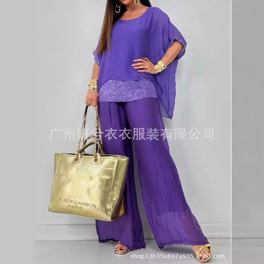 

Spring Splicing Sequin Chiffon Set Women Casual Round Neck Top Pullover & Wide Leg Pants Suit Summer Batwing Sleeve Loose Outfit