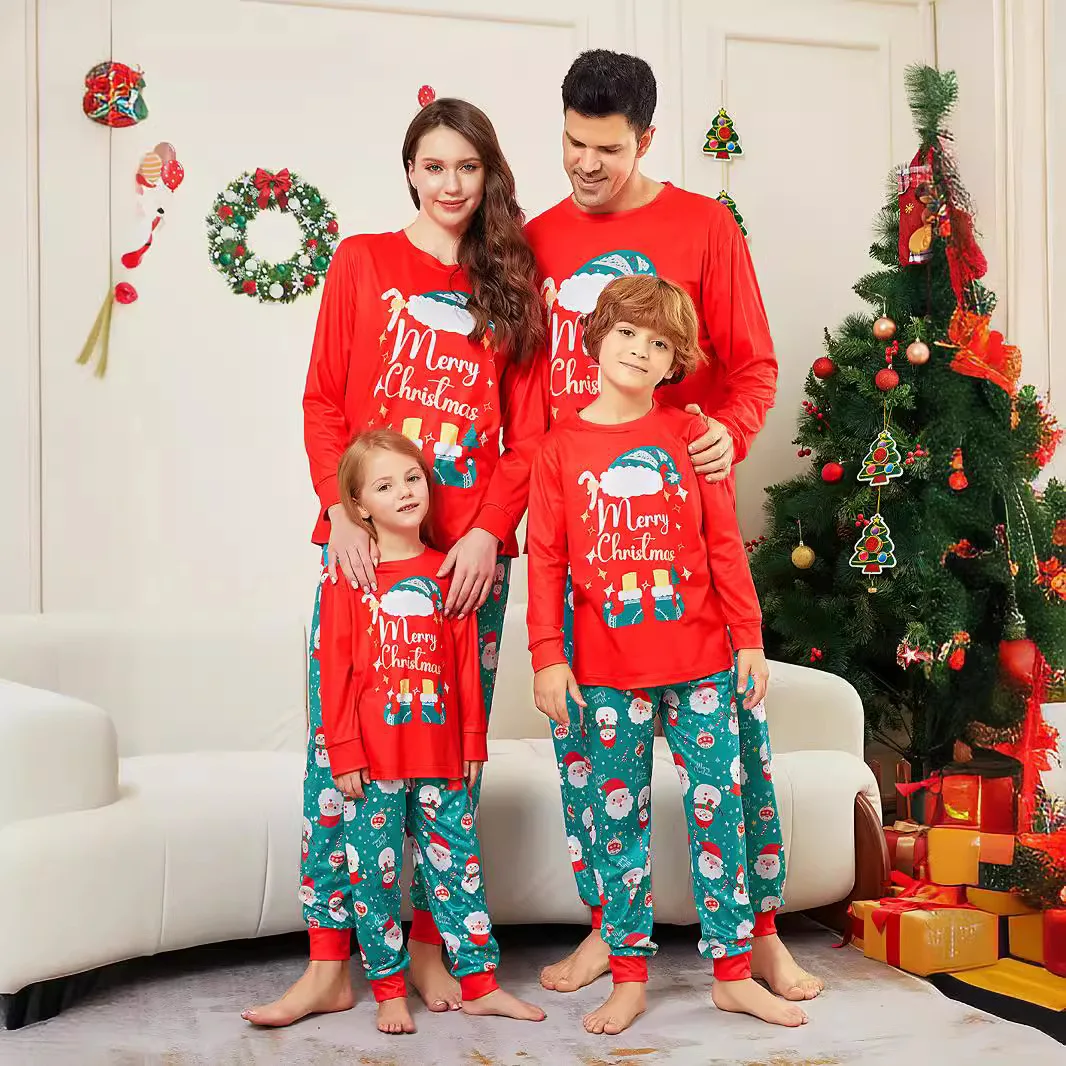 Europe autumn and winter Christmas family Christmas hat shoes snowman Santa Claus elements printed long sleeve suit family