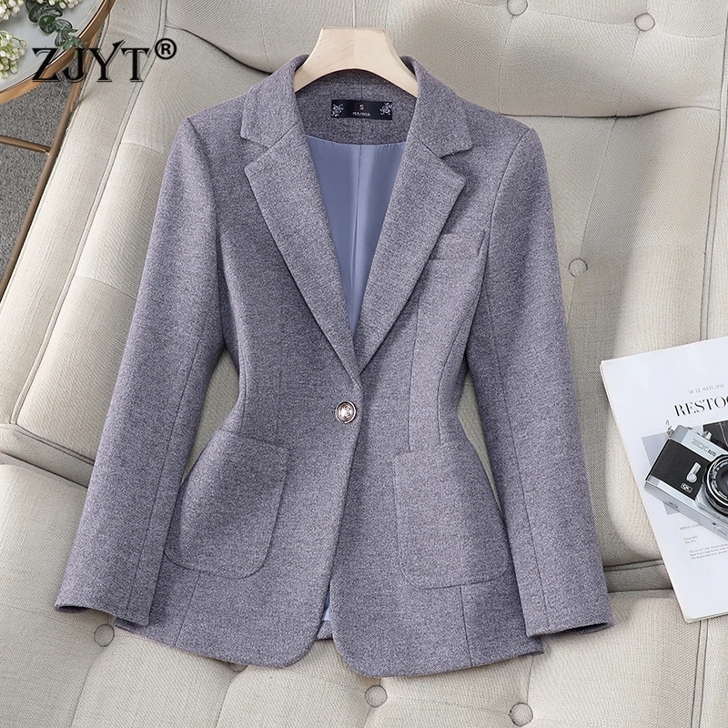 

ZJYT Autumn Winter Woolen Blazers for Woman Long Sleeve One Button Casual Jackets Coats Office Ladies Plus Size Outerwears