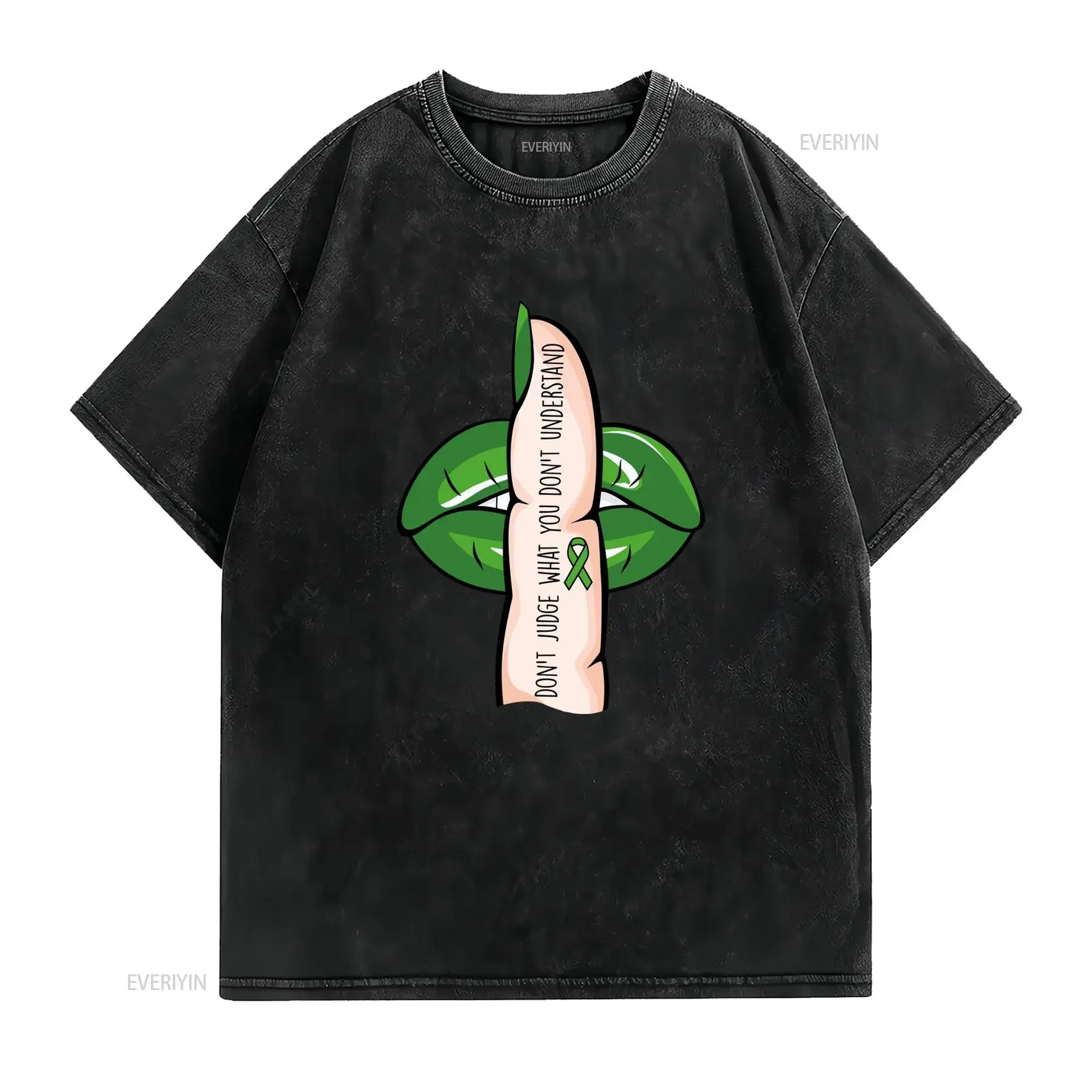 Streetwear Mental Health Awareness Green Ribbon Don't Judge Slogan Print Casual T Shirt vintage Washed Unisex Breathable Soft