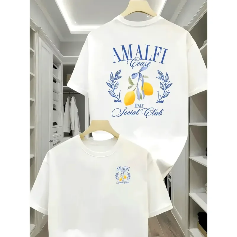 Italian Coast Inspired Tee Featuring Amalfi Lemons and Elegant Blue Lettering 100% Cotton Men's T-shirt Summer Vacation Style