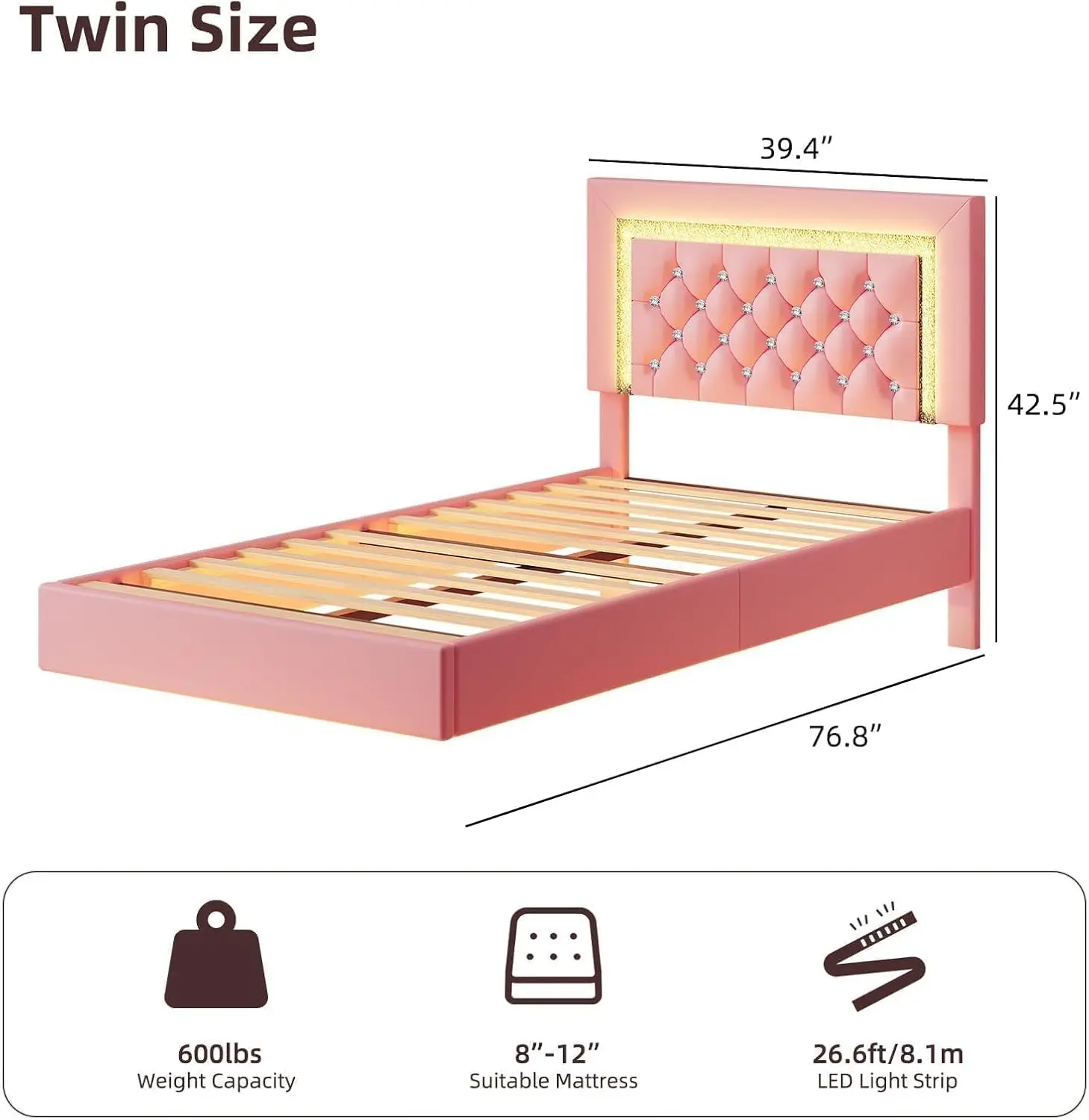 Twin Floating Bed Frame With Led Lights Diamond Headboard Pink Upholstered No Box Spring Needed Noise Free Easy Assembly