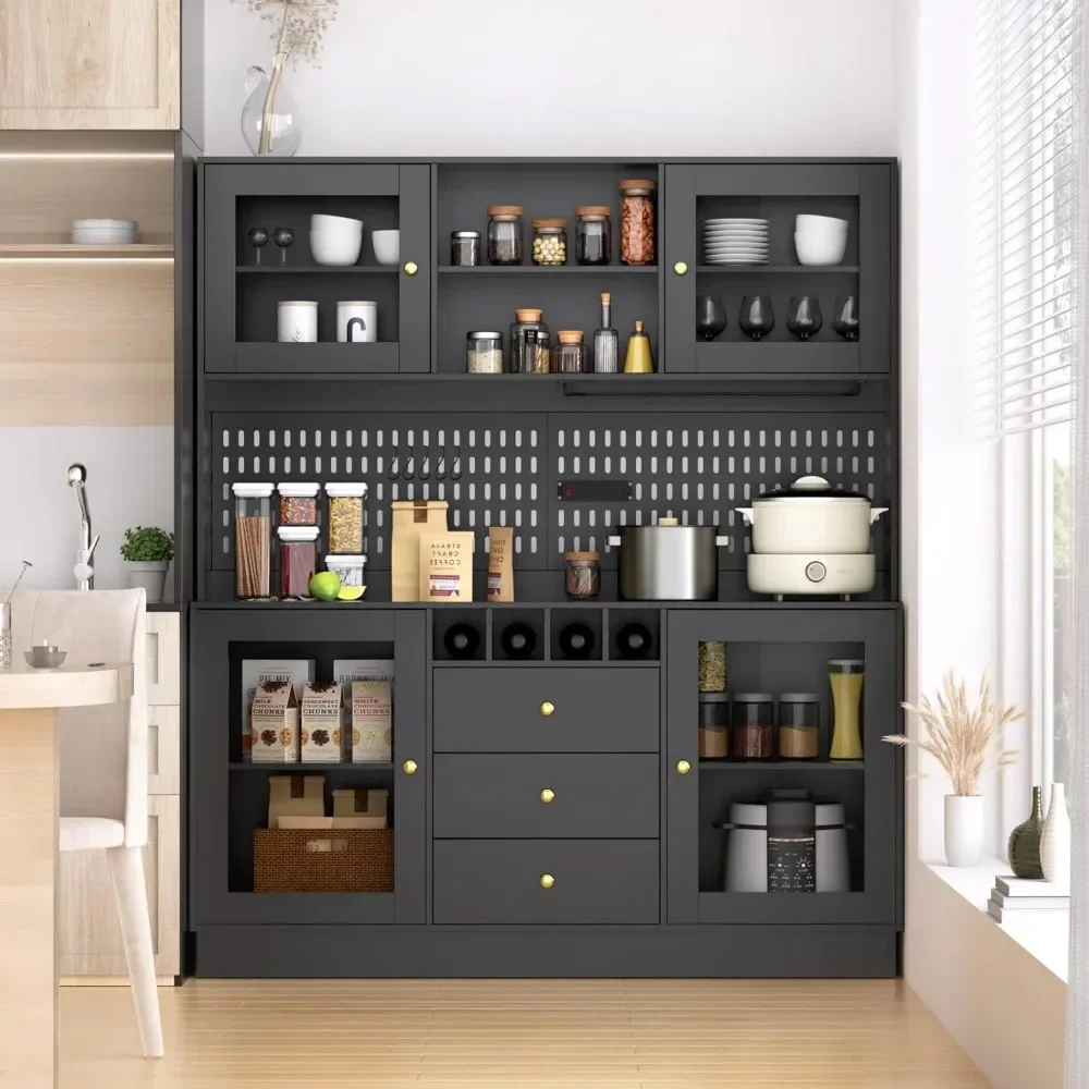 Kitchen Pantry Cabinet 4 Doors & 3 Drawers Kitchen Storage Freestanding Pantry Furniture  with Microwave Shelf & Wine Racks