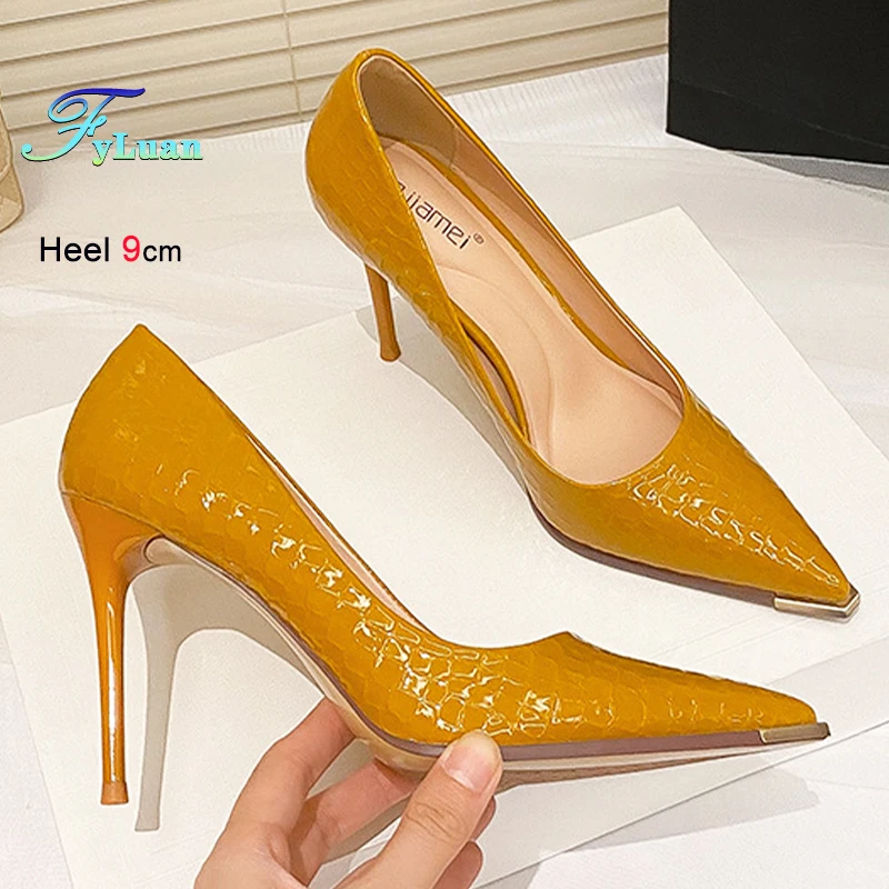 

Новый стиль, женская обувь на высоком каблуке, модные туфли с металлическим острым носком, туфли на тонком каблуке с неглубоким носком, темпераментные профессиональные туфли-лодочки