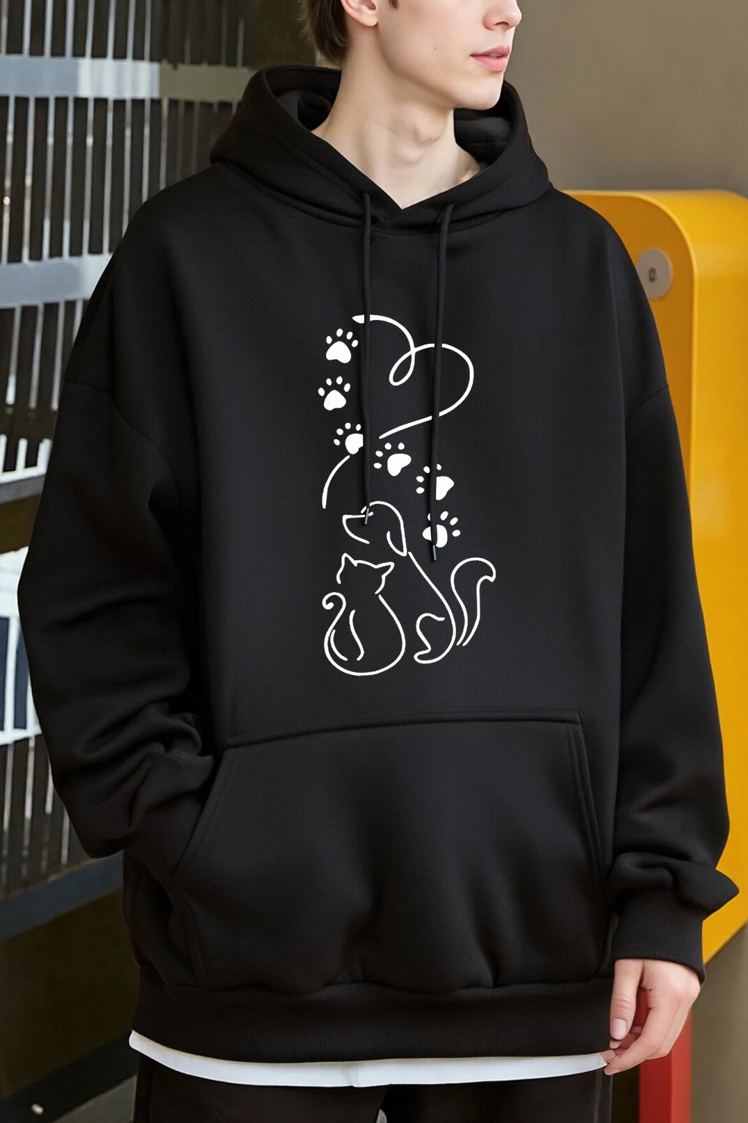الحب القطط والكلاب خط مطبوعة الرجال هوديس جيب مريح هودي عارضة الهيب هوب ملابس رياضية أزياء الصوف الملابس للجنسين #1