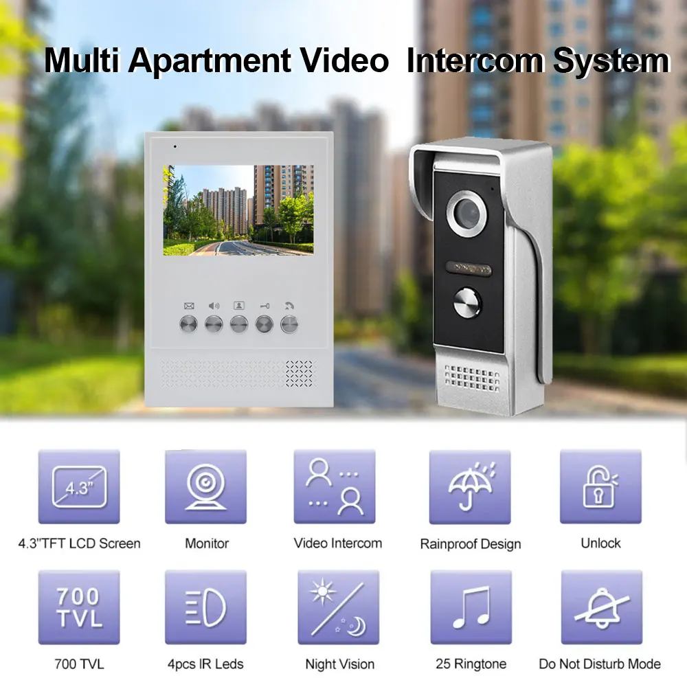 Nwe Mini 4.3 Inch Wired Video Intercom System With Camera Doorbell Waterproof Apartment Security Protection Private Residential