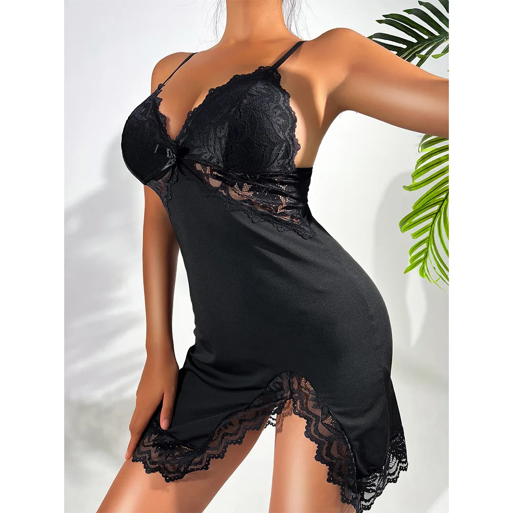 

Women Camisole Pajamas Lace Patchwork V-Neck Sleepwear Slim Sling Nightdress Female Underwear Sexy Skirt Baby Doll Nightgown