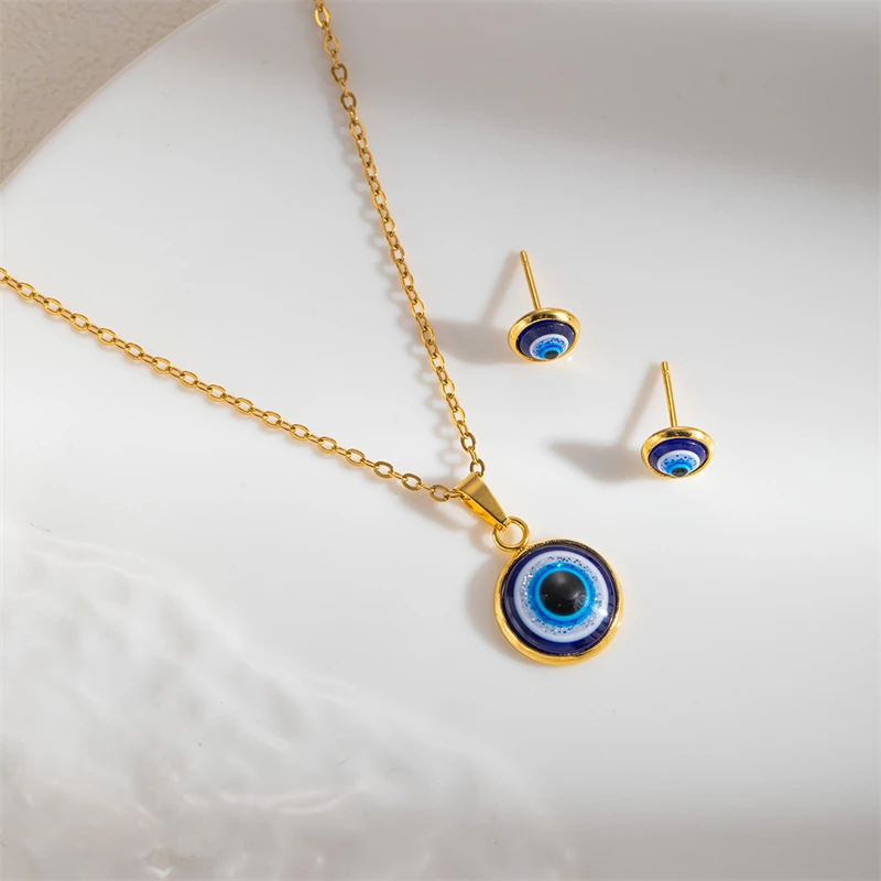 Women's Simple Devil's Eye Necklace Earring Set, Bohemian Style