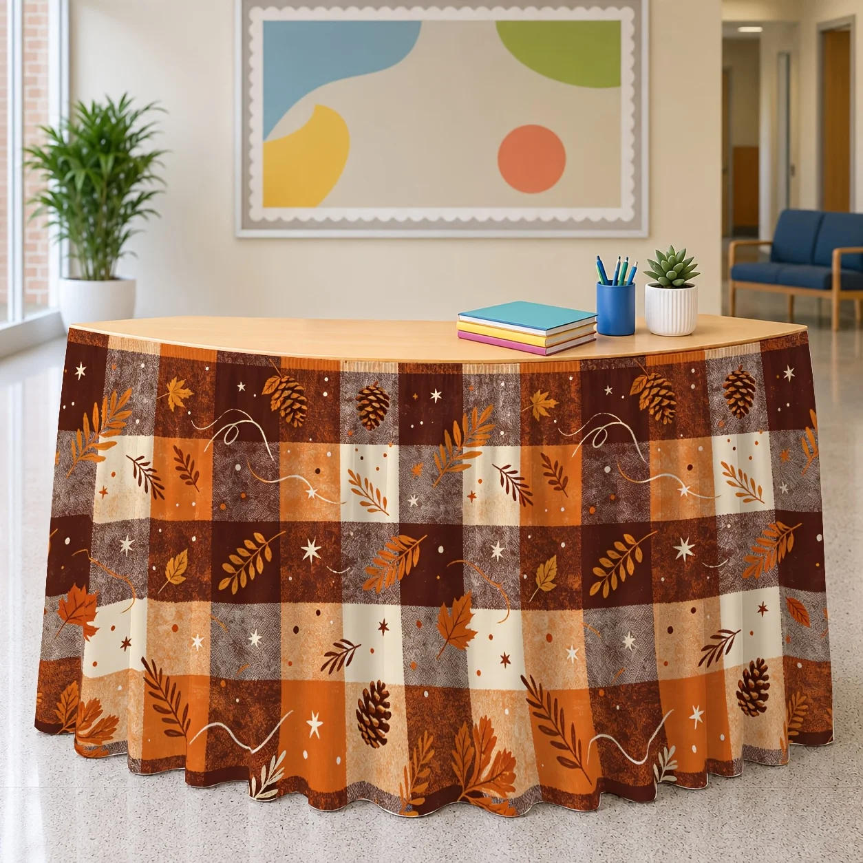 Fall checkered pattern, featuring maple leaves, pinecones and stars, suitable for a cozy autumn party.zyc