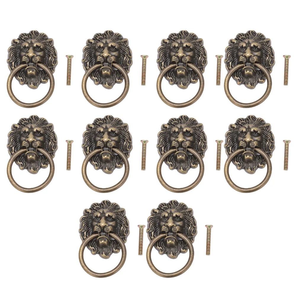 10pcs Antique Bronze Finish Animal Head Knobs 1.57 x 2.68 Inch Metal Material Lion Head Pulls Drawer Pull Handles For Cabinets