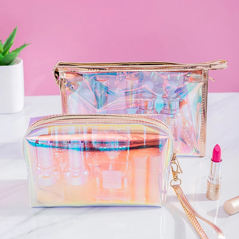 Colorful Holographic Women Cosmetic Bag TPU Clear Makeup Beauty Organizer Pouch