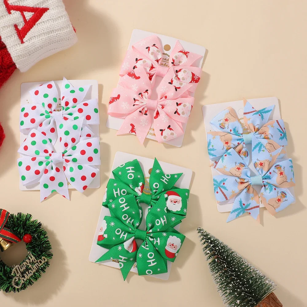 2 Buah/Set Jepit Rambut Natal Bayi Perempuan dengan Klip Perayaan 3.22 ''Jepit Rambut Kincir Pita Santa Aksesori Rambut Liburan Anak-anak