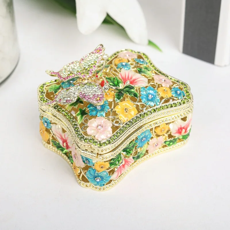 SHINNYGIFTS Vintage Crystal Butterfly Brooches Trinket Box Fashion Blue Flowers Green Leaves Jewelry Box Dressing Table Decor