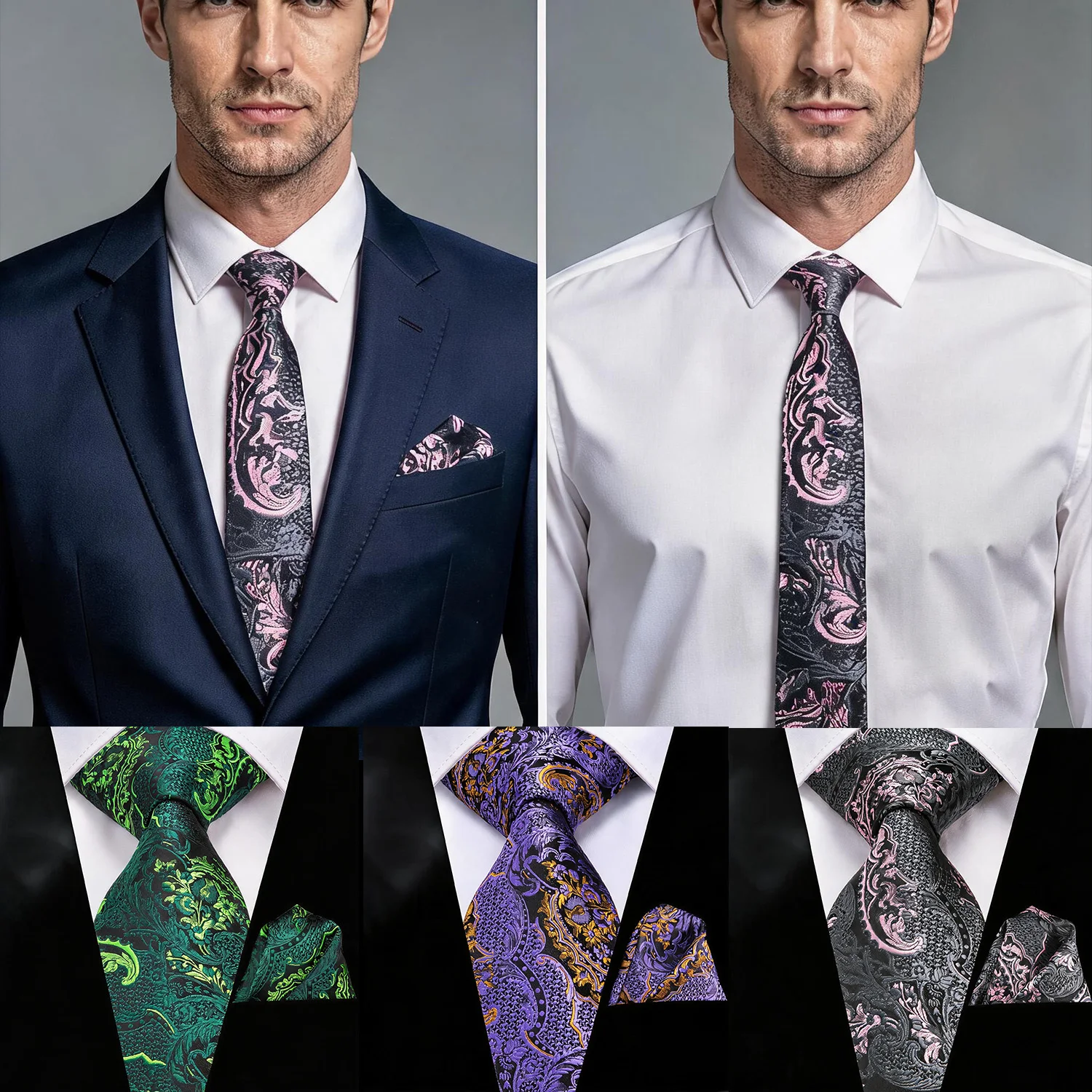 Men 2Pcs Formal Kit Green Or Gray Or Purple Paisley Jacquard Tie With Pocket Square Daily Party