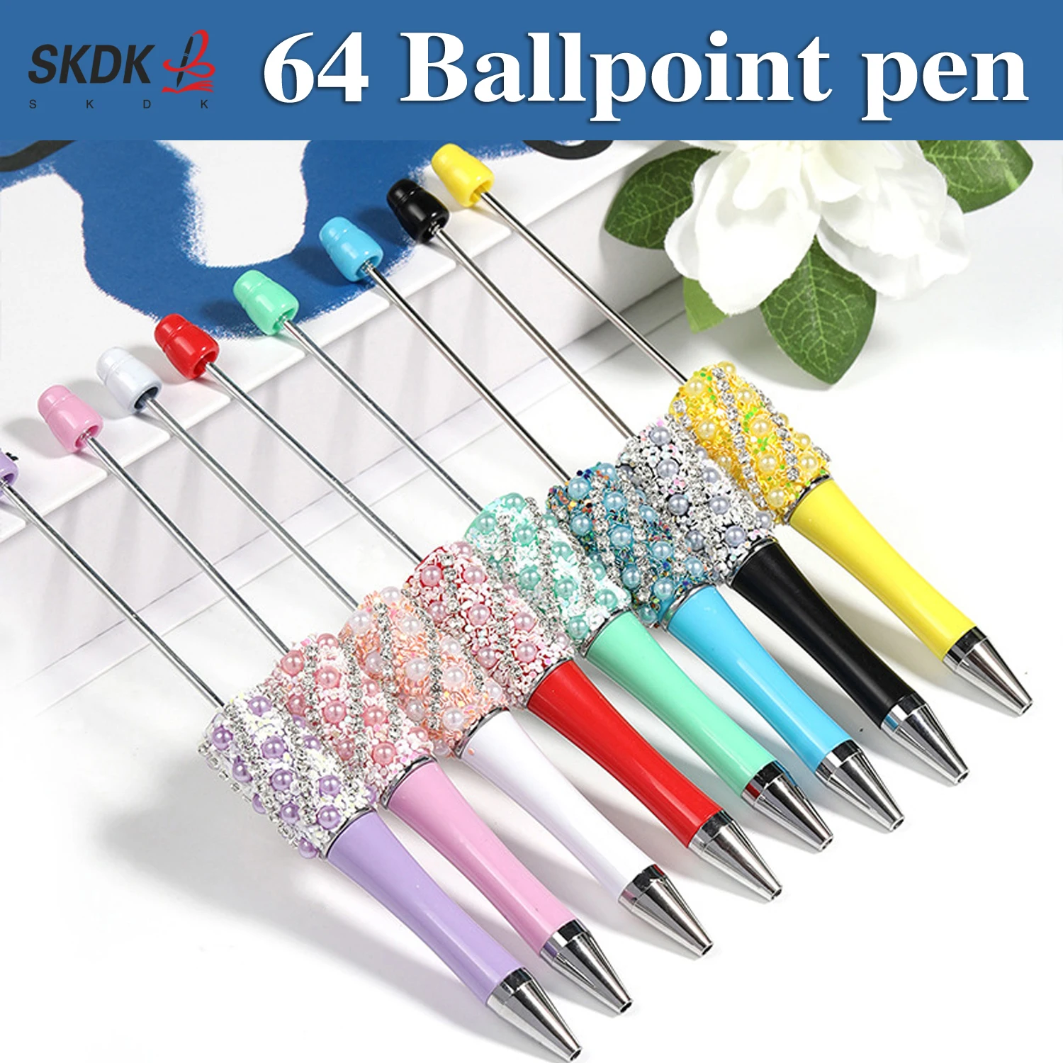 

64Pcs Sparkly DIY Pearls & Full Rhinestone Bead Ballpoint Pen – Bead Pen Gift for Bullet Journals & Office