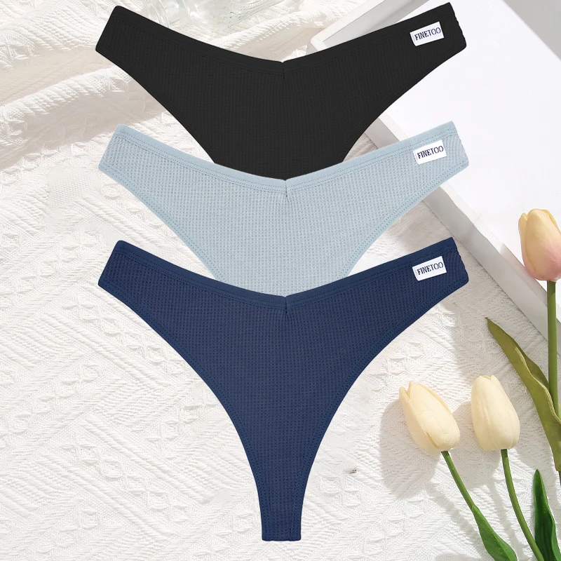FINETOO 3 Teile/satz Sexy Waffel Plaid Baumwolle Höschen Frauen Einfarbig Niedrigen Taille G-String Unterwäsche Weibliche Weiche Thongs Dessous
