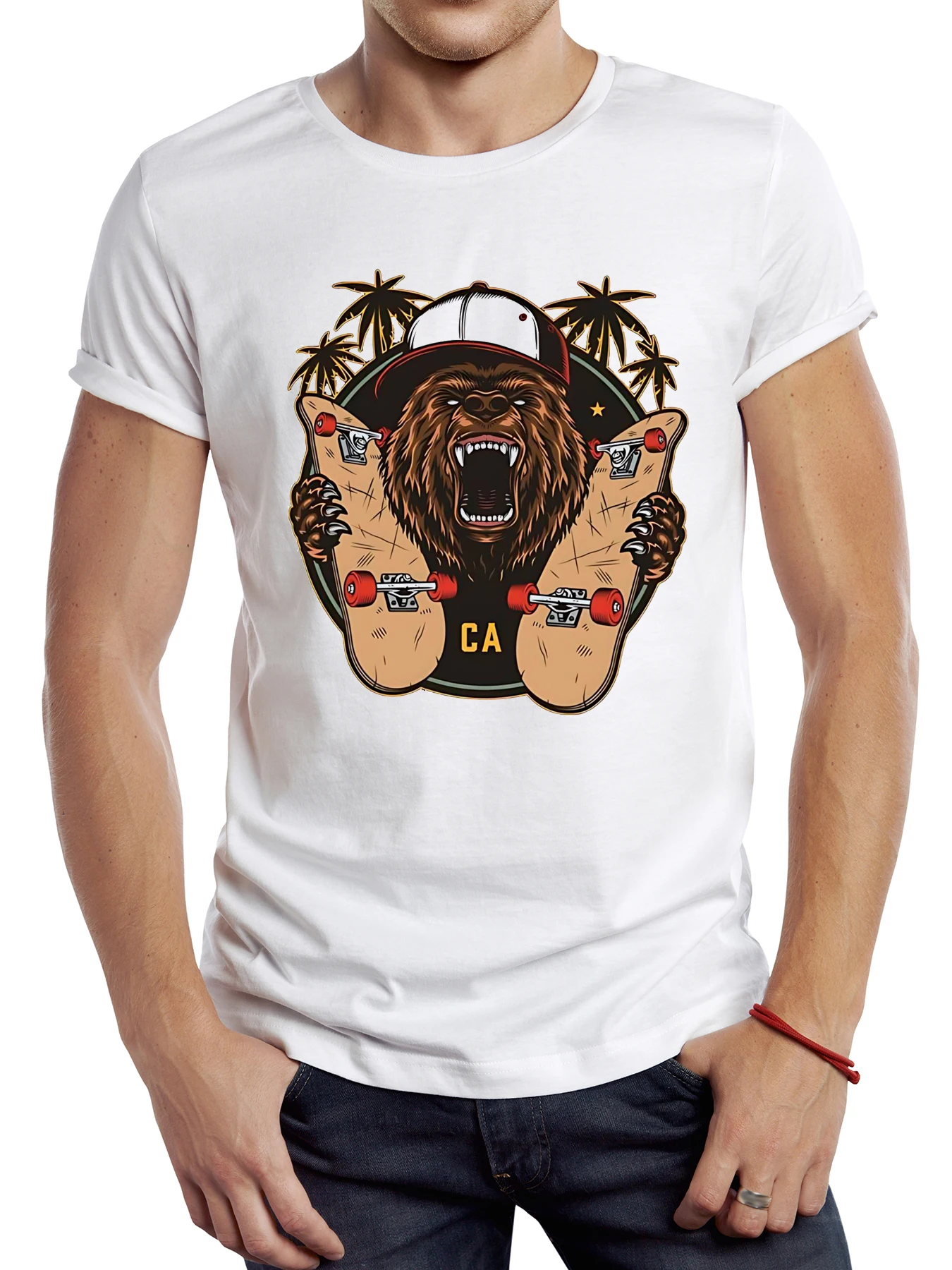 

FPACE Vintage Bear Skater Printed Men T shirt Cool Sport Skating Monkey Printing Tops Basic Male Harajuku Stop Dreaming Tshirts