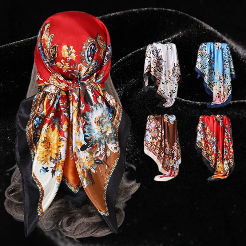 90cm Paisley Print Satin Square Scarf Wild retro headscarf women fashion accessory Red gold paisley satin scarf color border