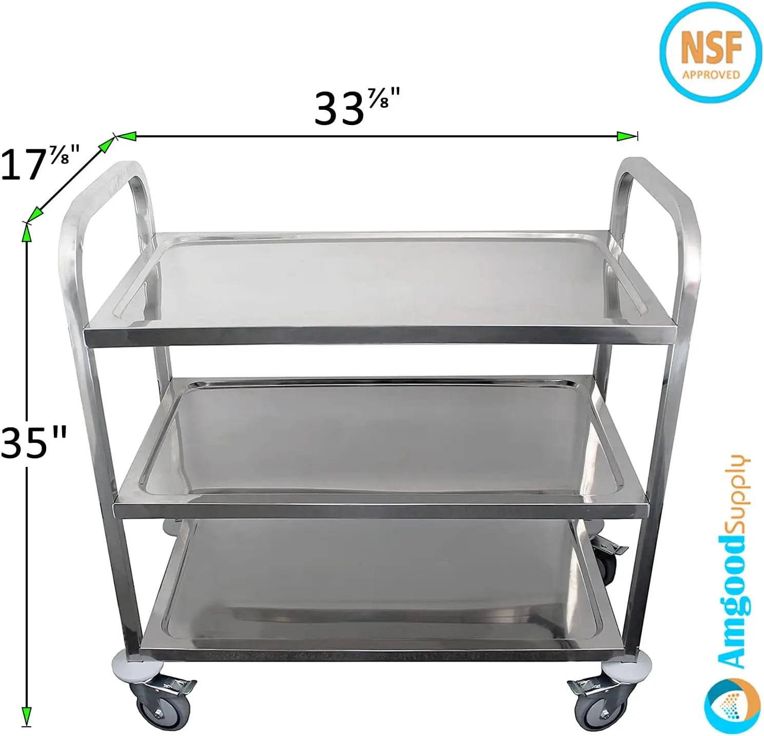 Carrito de comedor de acero inoxidable, carrito de servicio pesado con ruedas, 3 estantes, mediano-34 "de ancho x 18"