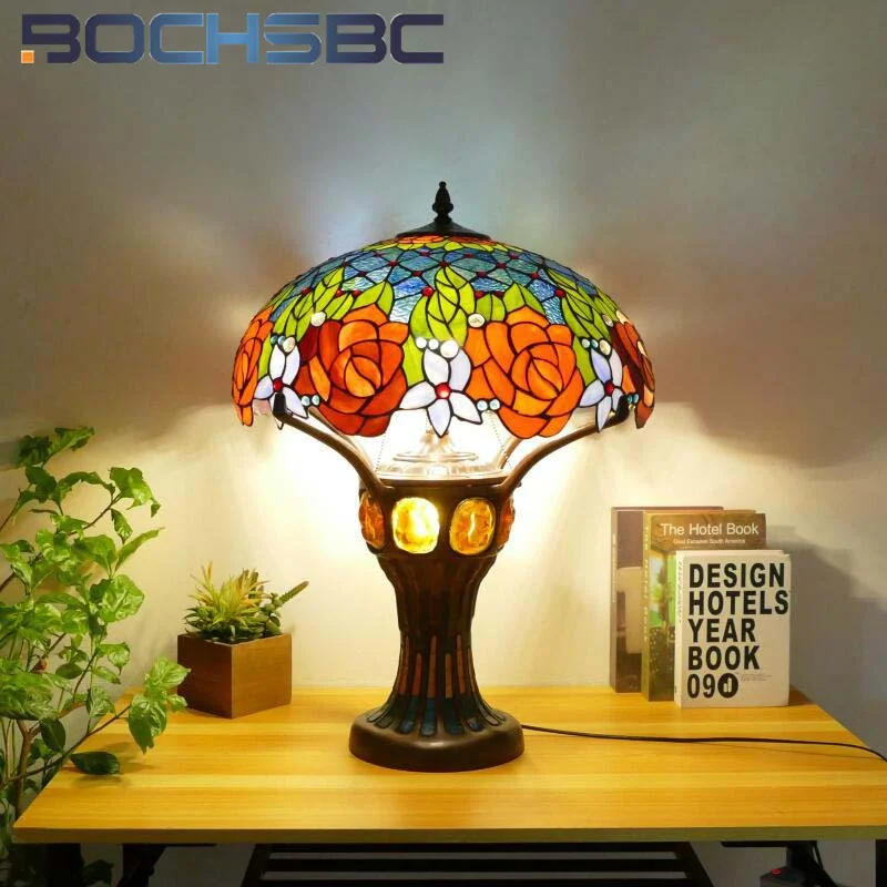 BOCHSBC Tiffany style stained glass European garden warm retro table lamp for villa living room restaurant cafe study LED decor