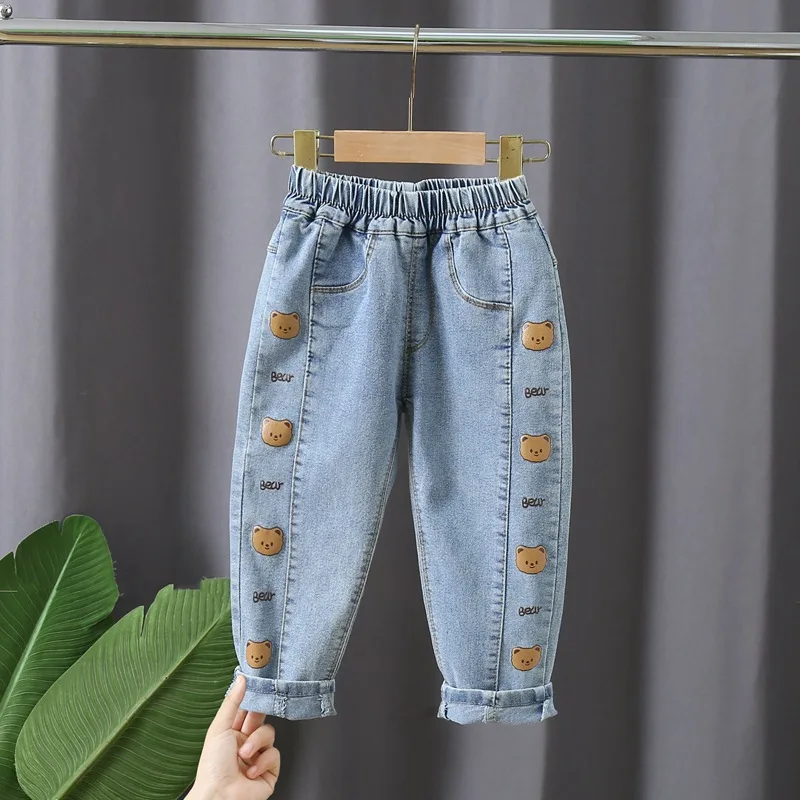 Kids Girl Jeans Floral Cartoon Long Pants Spring Autumn Graffiti Painting Print Casual Trousers with Hole Children Denim Pants