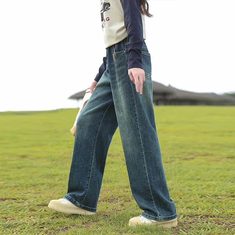 

5-13T spring autumn child kids girls casual stretch waist wide leg jeans