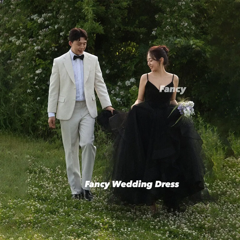 Fancy Korea Princess Black A Line Wedding Dress Spaghetti Straps Soft Tulle Evening Party Dresses Back Corset Customized