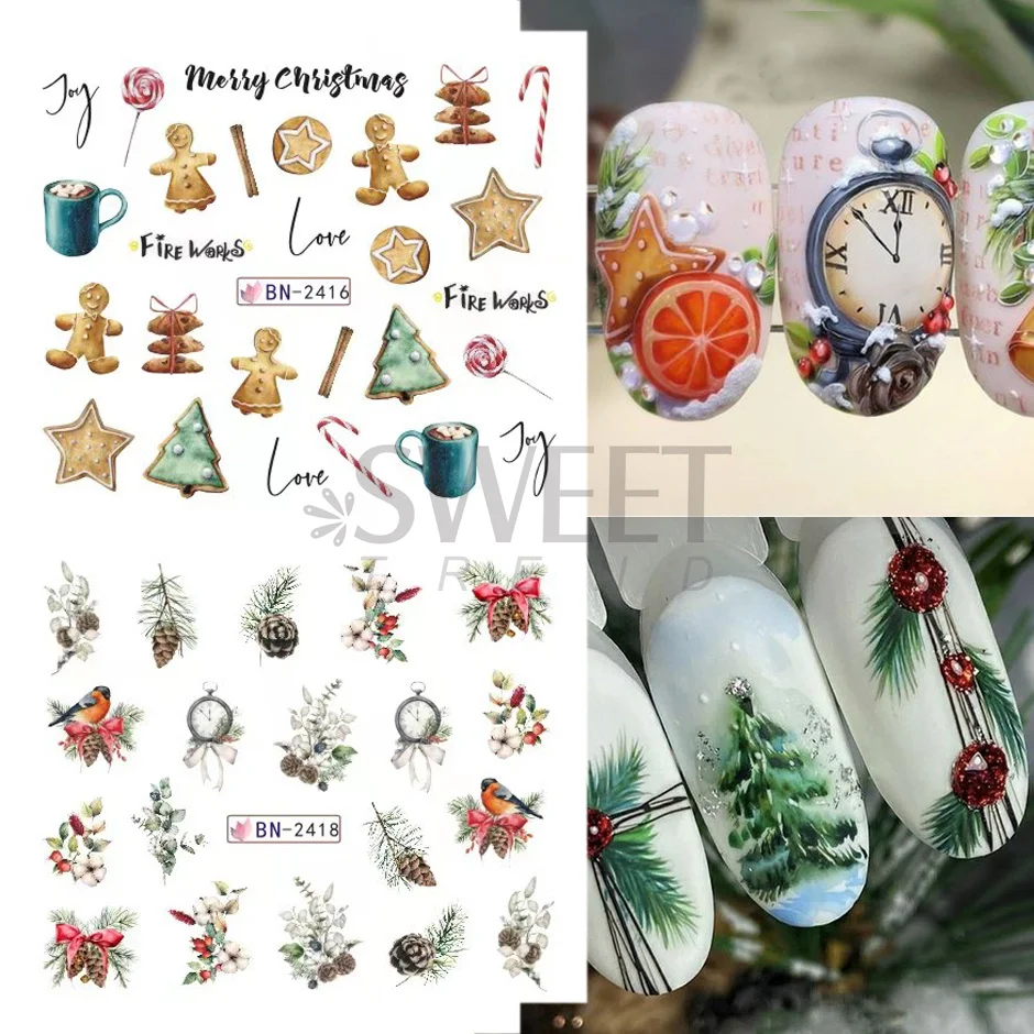 12 sztuk zimowa zieleń Holly Tree naklejki paznokcie świąteczny świąteczny projekt paznokci picie piernik łoś Decor suwaki wodne SABN