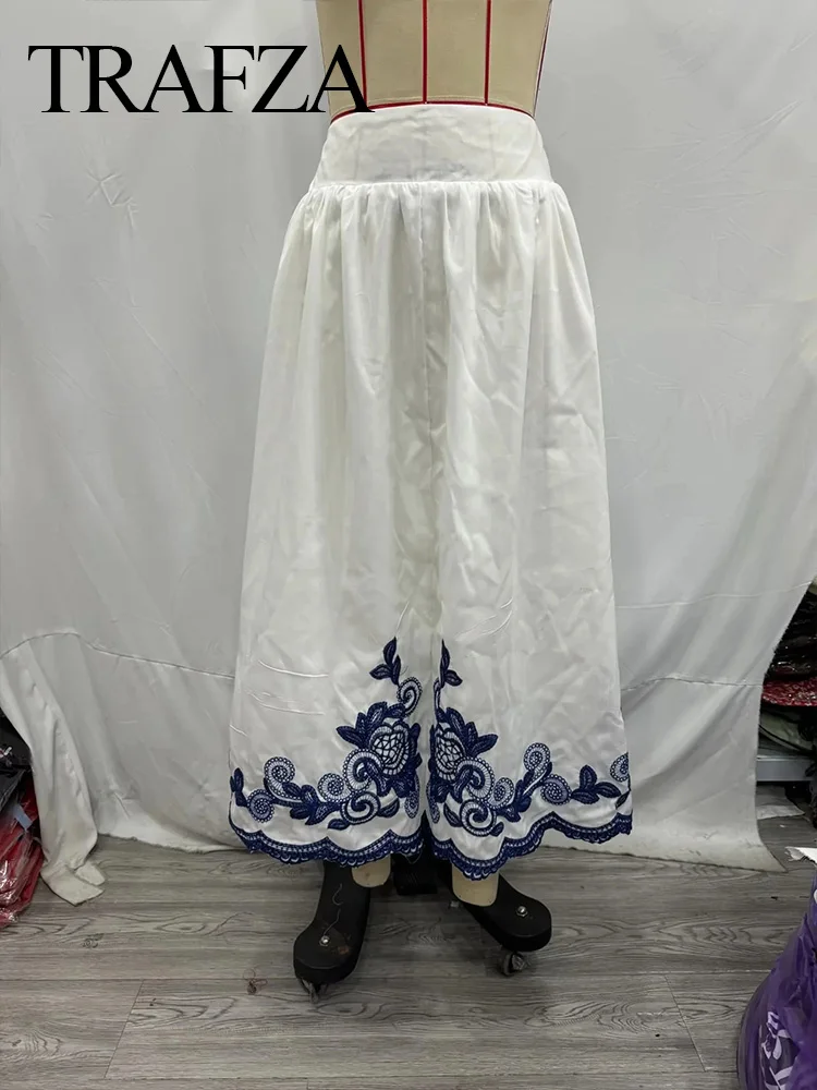 TRAFZA Elegant Women White Blue Embroidery High Waist Midi Skirt Loose Fit Woman Elastic Waist A Line Long Skirts For Holiday