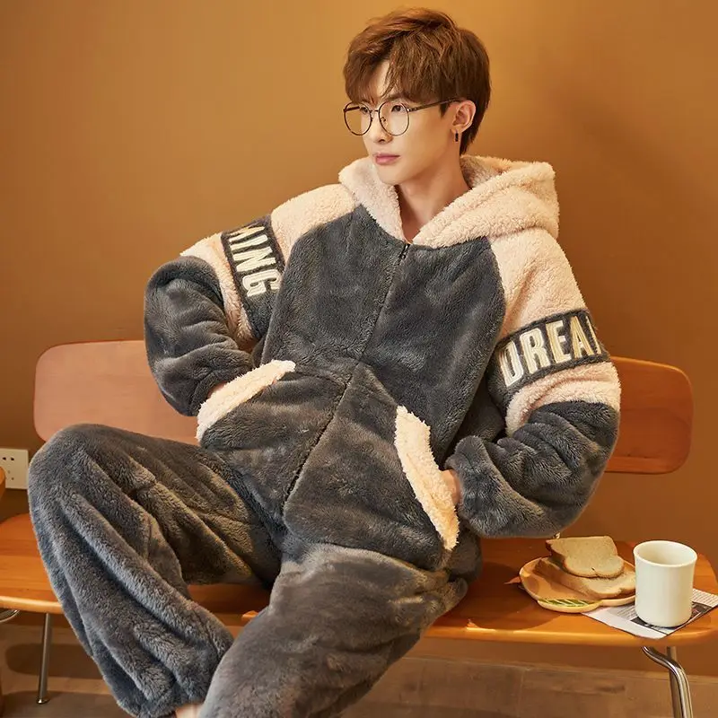 

Velvet Winter Coral Spring and Autumn Plus Velvet New Thickened Teenage Men's Pajamas Men Winter Year Home Wear Comfortable