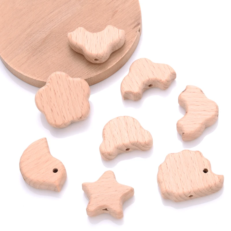 10/20Pcs Natural Wooden Beads Classic Animal Shape Beech Loose Teether Beads for Jewelry Making DIY Craft Handmade Pacifier Clip