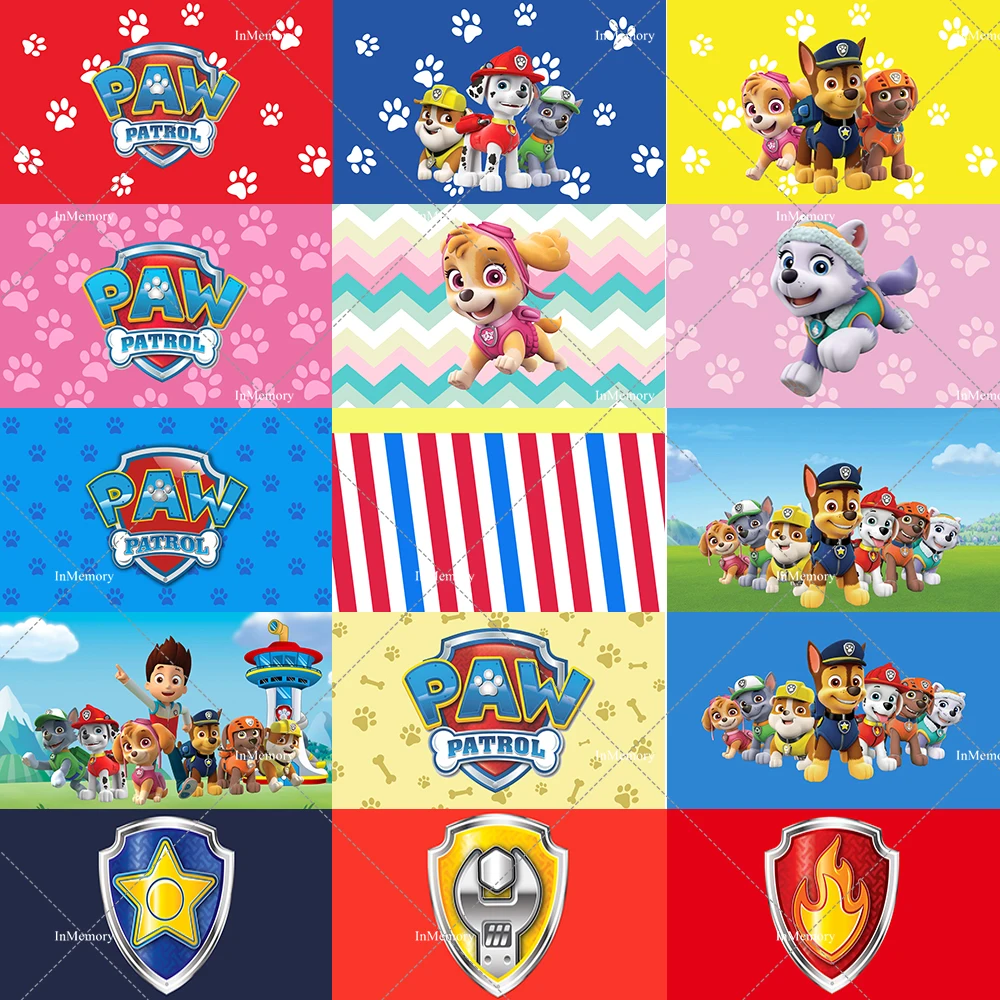 Fondo de Fotografía para Fiesta de Cumpleaños con Temática de Patrulla Canina, Rosa y Azul, con Ryder, Marshall, Rubble, Chase, Rocky, Zuma, Skye y Torre