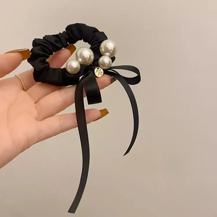 French Pearl Bow Ribbon Hair Scrunchie Soft Oversized Ponytail Holder for High Bun Cute Unique Daily Party Wedding