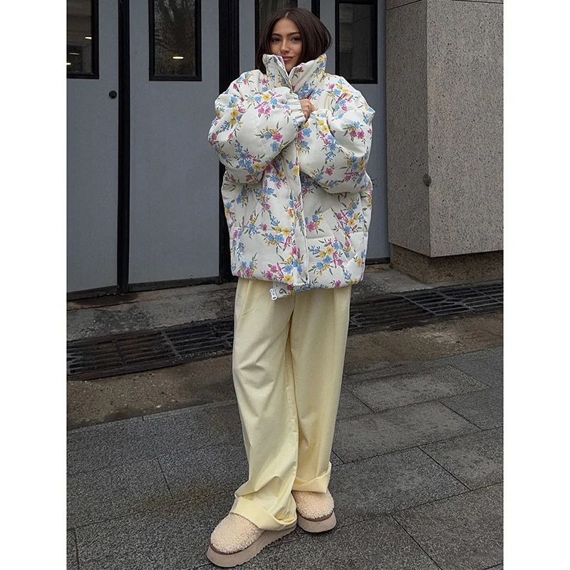

Winter Women Designer Floral Parkas Jacket Lady Comfortable Thin Fleece Coat Female Chic Zipper Thermal Puffer Jacket