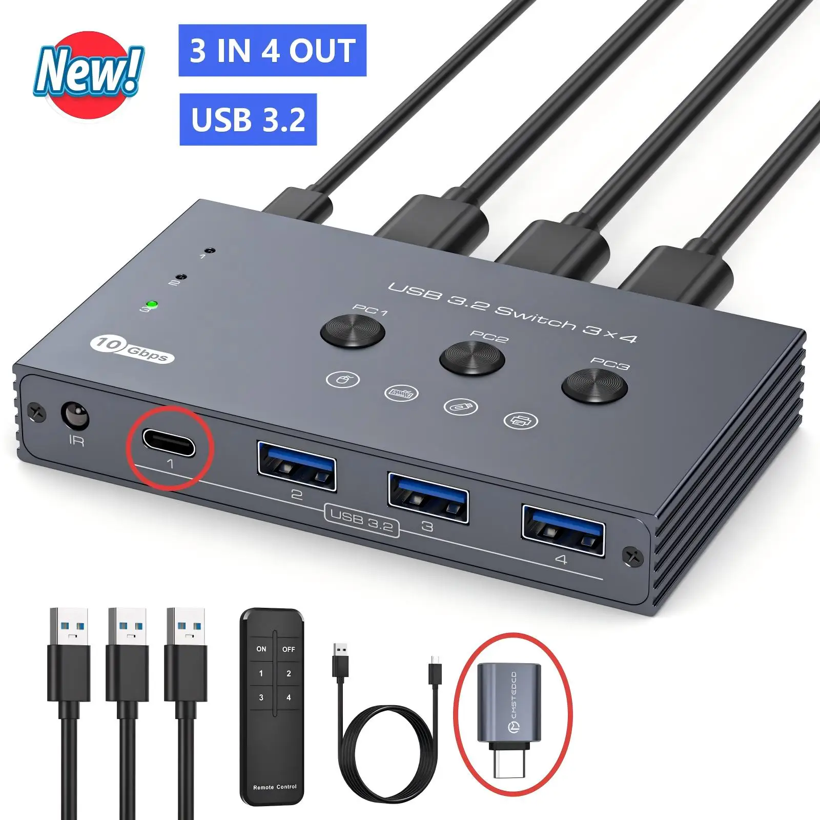 

USB-переключатель 3.2/3.0 для 4/3/2 компьютеров, совместное использование портов USB A / USB C, 10 Гбит/с, для совместного использования клавиатуры, мыши, принтера, сканера