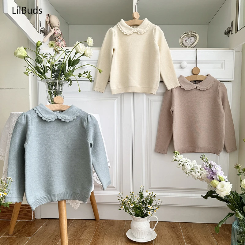 

2024 Baby Girls Sweater Pure Color Ruffle Collar Korean Style Outfit Matching Spring Toddlers Kids Knitted Pullovers Top Costume