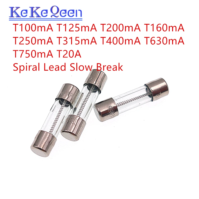 100Pcs 250V 5X20 T100mA 200mA 315mA 500mA T1A T1.25A T1.6A T2A 3A 3.15A 4A 5A 6.3A 8A 10A 15A 20A 5*20mm Slow Break Glass Fuse