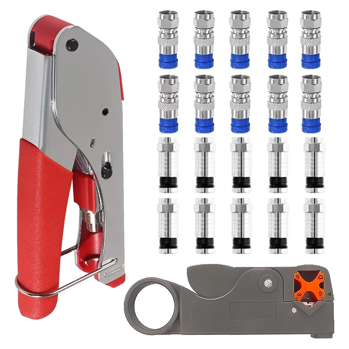 Coax Cable Crimper Tool Kit with 20pcs F Type RG59 RG6 Compression Connectors Coaxial Cable Stripper