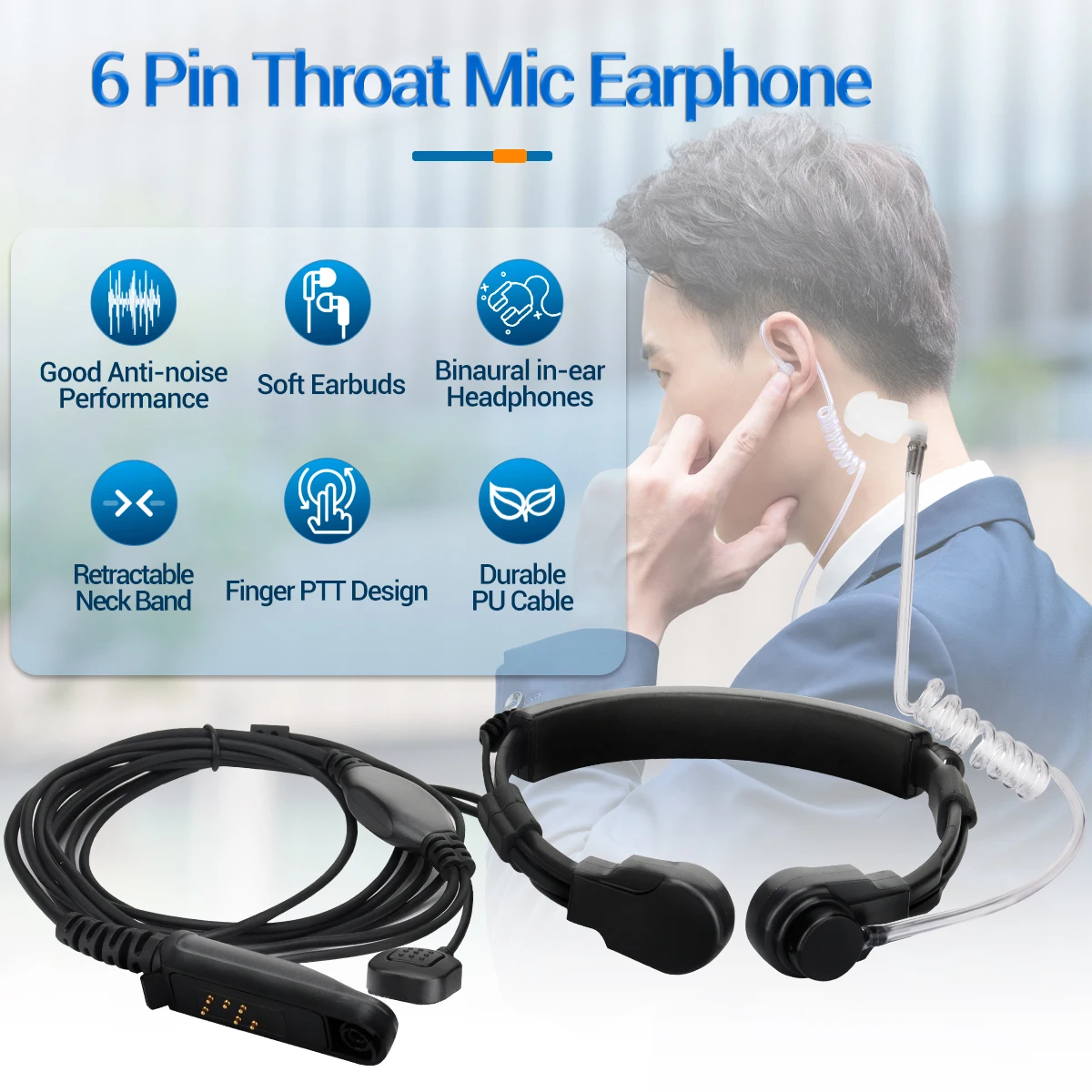 Baofeng Air Tube Throat Vibration Mic Headset 6 Pin for Baofeng UV-9R Plus UV-9R PRO UV-XR BF-9700 Waterproof Walkie Talkie