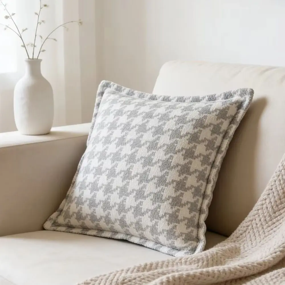 Contemporary Gray Woven Houndstooth Armchair Sofa Throw Pillow Case 45x45cm Home Decor Cushion Cover 1 Piece Pack Washable